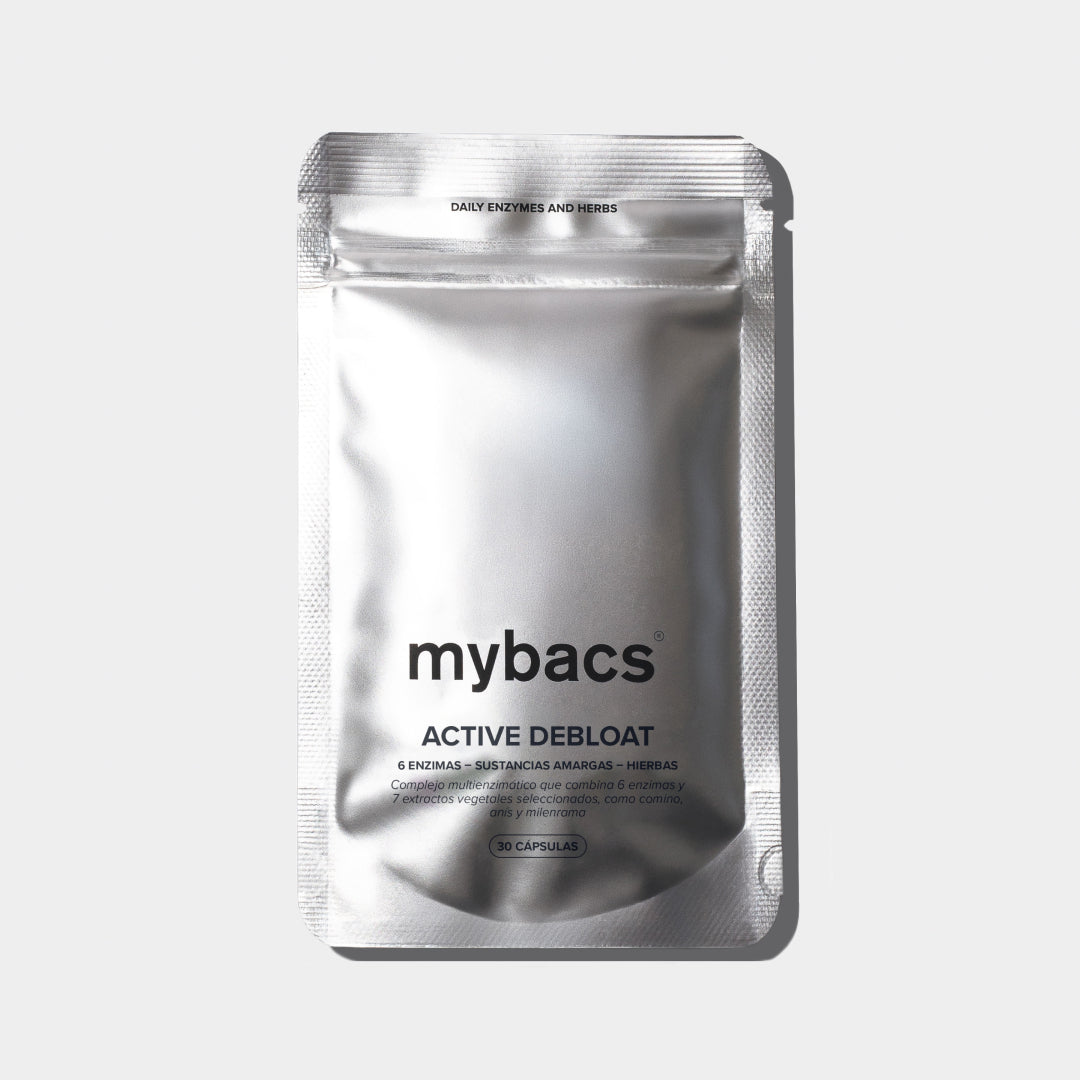 Active Debloat de mybacs. Complejo enzimático para reducir la hinchazón y mejorar la digestión después de comidas copiosas.