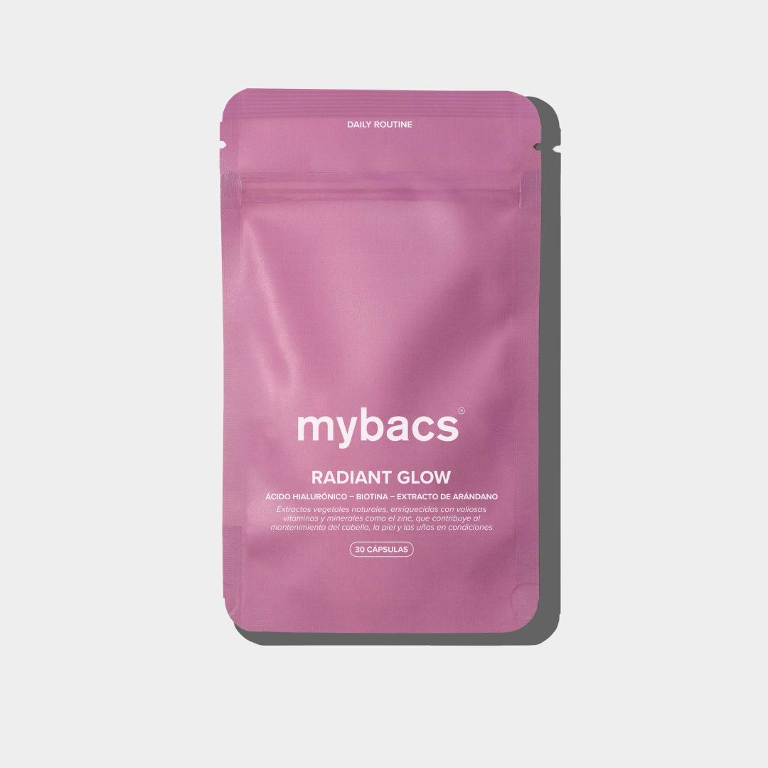 Radiant Glow de mybacs. Con ácido hialurónico y biotina para fortalecer la piel, el cabello y las uñas